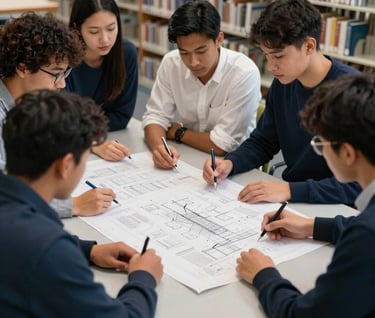 A group of diverse college students collaborating on a design blueprint spread across a Silver Grey table in a North American / US university library. They are dressed in casual professional attire featuring Dark Slate Blue and Cloud White colors.