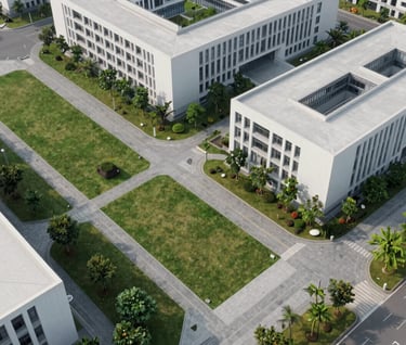 An aerial view of a site plan for a university campus, showing green spaces and silver grey pathways. The aesthetic is clean and modern, with soft white highlights.