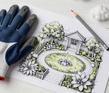A professional architectural sketch of the garden layout lying on a Cloud White wooden surface, paired with a pair of Muted Navy gardening gloves and a Silver Grey pencil. North American / US collegiate setting.