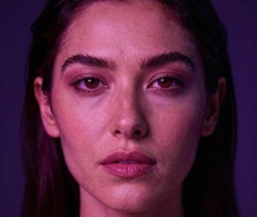 Close-up artistic photograph of an adult model, Latin American / Global setting. Dark background with glowing magenta and deep violet lighting highlighting her features. Seductive and premium aesthetic.