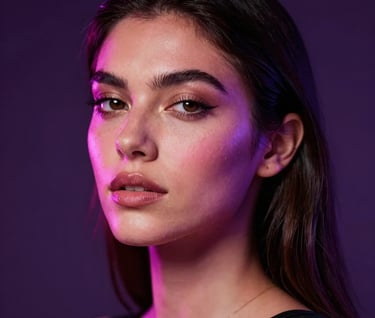 A close-up glamorous portrait of a stunning Latina model under neon pink and purple lights. Intimate and professional lighting, dark-mode aesthetic with rich shadows and glossy highlights, showcasing modern elite adult entertainment styling, Latin American / Global setting.