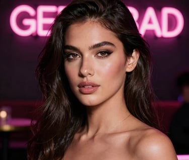 Seductive close-up of a stunning model with radiant skin, posing in a high-end club setting with glowing neon pink signs in the background, sophisticated adult portrait, dark atmosphere, premium photography, Latin American / Global.
