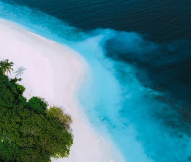 Aerial view of a tropical white sand beach with turquoise ocean water and lush green trees.