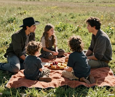 A Western / Global family enjoying a picnic in a sun-drenched meadow, warm terracotta blankets, charcoal clothing accents, authentic interaction, cinematic film style.