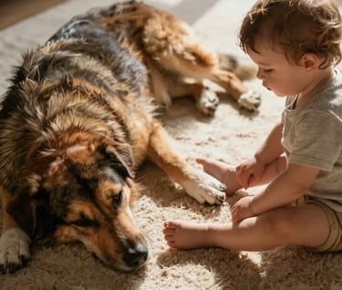 A candid lifestyle shot of a Western / Global family dog resting near a toddler's feet on a soft sand colored rug, warm morning light, cinematic and homey atmosphere.