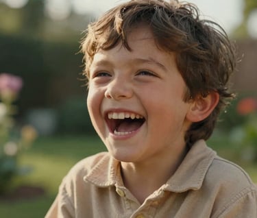 A detailed, cinematic close-up of a child's laughter, captured in a sun-drenched Western / Global garden. The lighting highlights the warm, golden skin tones and Soft Sand colored clothing. The style is candid lifestyle photography.
