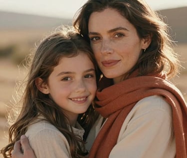 A close-up, cinematic shot of a mother and daughter embracing. The sunlight creates a soft halo effect around them. Western / Global fashion style with terracotta accents in the mother's scarf. Warm, authentic emotion.