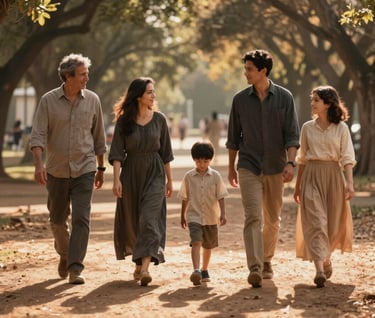 An authentic moment of a family walking through a sun-drenched Western / Global park. The composition is cinematic, with long shadows and a warm Terracotta hue in the atmosphere. They are dressed in earthy Charcoal and Soft Sand fabrics.