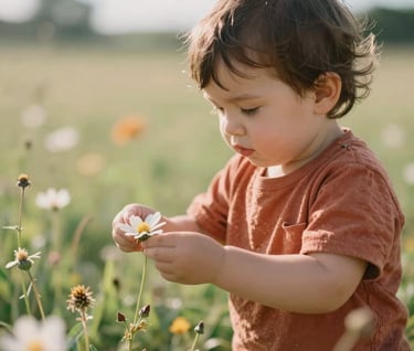 A candid shot of a toddler discovering a flower in a sun-soaked Western / Global meadow. The focus is soft and dreamy, highlighting authentic wonder and warm terracotta tones in the clothing.