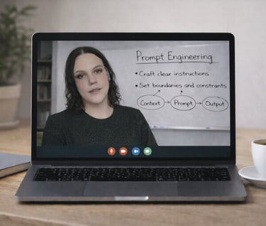 A laptop screen showing a woman teaching a virtual prompt engineering course on a video call.