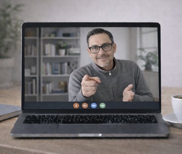 Professional corporate training session in a modern circular conference room with a presenter and digital screen.