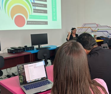 Students in a classroom attending a data science and machine learning presentation on artificial intelligence.