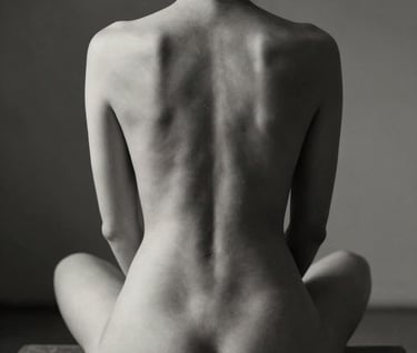 Minimalist photography of a seated figure from behind, focusing on the spine's curvature. Monochromatic tones of dark gray and off-white. Dramatic shadows and a soft-focus aesthetic in a North American / US studio.