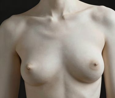 An art nude study focusing on the interplay of light and form on a torso. The composition uses generous whitespace and a minimalist approach. The lighting is soft yet directional, highlighting the contours in off-white against a dark black backdrop. North American / US artistic context.