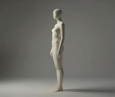 A sophisticated full-length silhouette of a human form captured in a minimalist studio. The subject is positioned against a muted grey background with soft light spilling from one side to create a slim off-white outline of the body's curve. North American / US.
