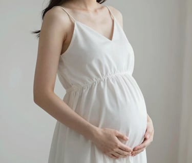 A timeless maternity photograph in a minimalist setting, a pregnant woman in a simple white #FDFDFD gown, soft morning light, creating a sense of profound elegance and memories.