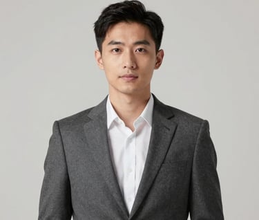 A minimalist studio portrait of a male professional in a charcoal suit. Simple composition, direct eye contact, soft fill light. The background is a clean #E0DCD9, emphasizing a timeless and professional brand identity.