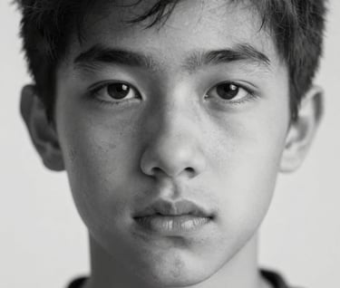 A minimalist black and white portrait focusing on the eyes and thoughtful expression of a teenager. Deep shadows using #3D3A38 and highlight accents of #FDFDFD. Authentic and profound storytelling style.