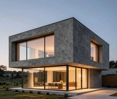 Wide-angle photography of a contemporary minimalist home in the Portuguese countryside at dusk. The building glows with soft interior light. Sophisticated integration of Slate grey concrete and glass.