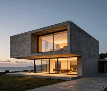 Wide-angle photography of a minimalist concrete house on the coast of Portugal at twilight, warm light glowing from within large glass windows, dark charcoal structure, sophisticated composition.