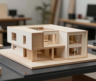 An architectural scale model of a modern house made of light wood and off-white materials. Placed on a charcoal-colored surface in a professional Portuguese design studio.