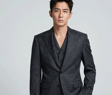 A high-fashion professional portrait of a male lead singer in a dark charcoal tailored suit. He is standing against a clean misty white studio background. Soft lighting, sophisticated and polished look.