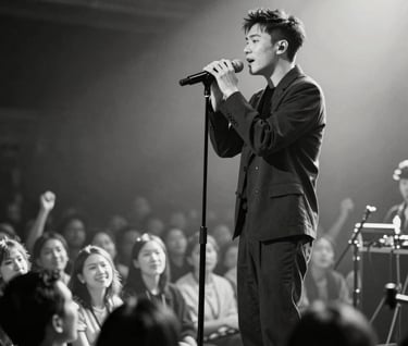 A black and white style photograph using dark charcoal and off-white tones, showing a vocalist connecting with an audience from a stage. The composition is dynamic and elegant, capturing the energy of a live performance and professional success.