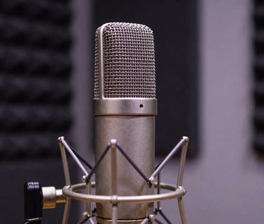 A close-up of a professional vintage condenser microphone in a recording studio. The background features dark charcoal acoustic treatments and a hint of soft lavender gray light catching the metallic surface of the mic, suggesting high-end artistic production.