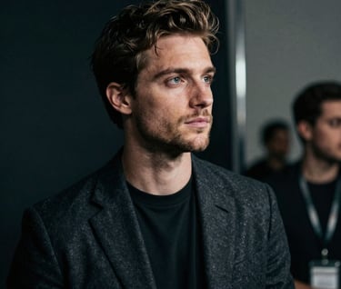A sophisticated photograph of Stefan Taylor backstage, captured in a moment of quiet reflection. The style is moody and artistic, using deep dark charcoal and soft silver light to create depth.
