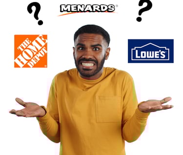 man looking confused with the home depot, lowe's, and menards logos