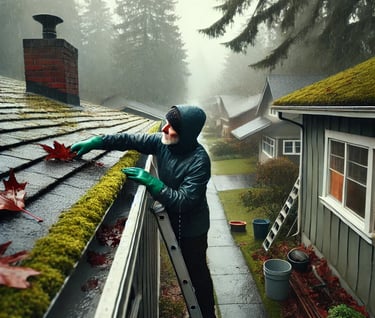 a person in a raincoat cleaning gutters