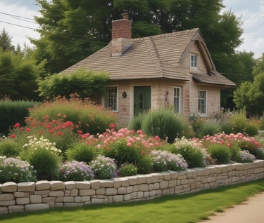 a house with a flower garden and stone retaining  wall