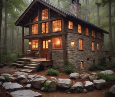 a cabin style house with a stone facade