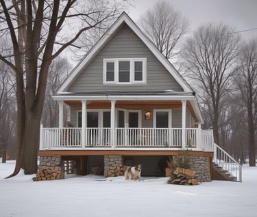 a dog sitting in front of a grey house on a snowy day in the snow