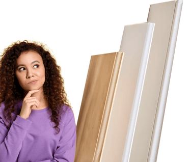 a woman in a purple shirt thinking