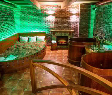 a room with a wooden barrel of wine