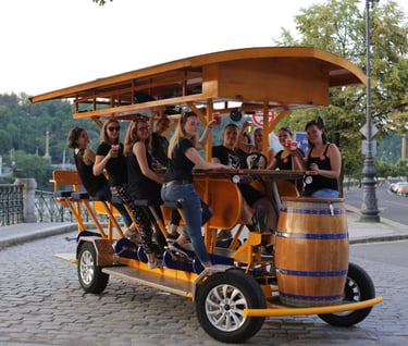 a group of people riding on a carton