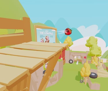 A screenshot from Farm Punks game where an apple is flying off a cliff