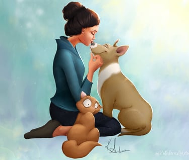 Heartwarming illustration woman kissing dogs nose funny cat shocked artwork art children's book illustrator