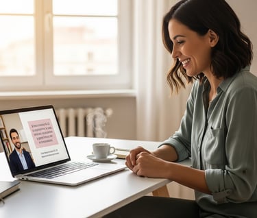 Una donna seduta a un tavolo con un laptop e una tazza di caffè