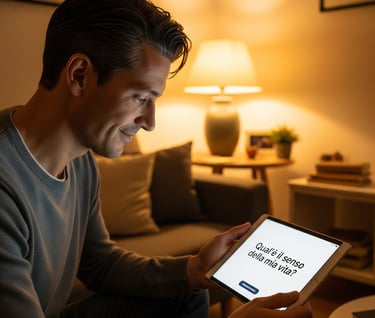 a man sitting on a couch holding a tablet computer