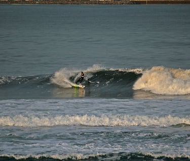 surfer performing a forehand cutback with the early mornig sun catching the wave