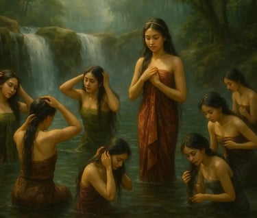 Tanah Tumatenden Karema turun ke bumi bersama enam saudarinya, mandi di sebuah air terjun yang jernih di tempat yang sekarang