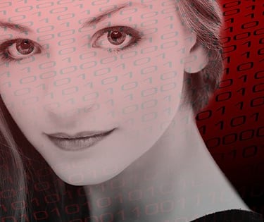 Young woman’s face with zeros and ones layered over it