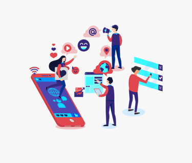 a group of people are standing around a phone