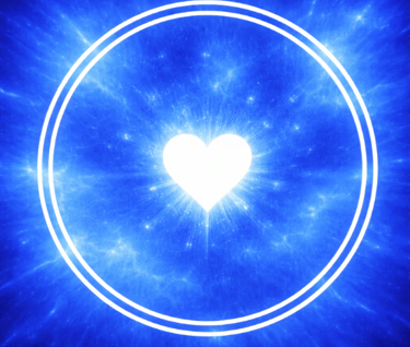A glowing white heart inside a double-lined circle against a blue cosmic energy background.