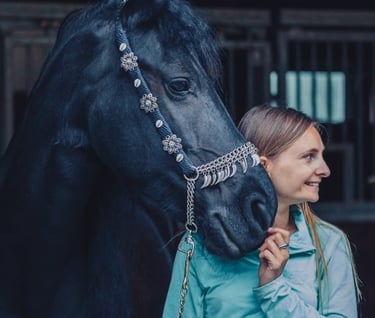 Frisian mare with her human friend after acupressure for horses