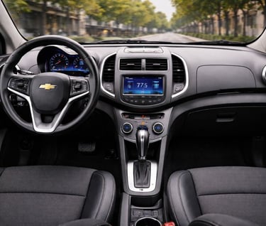 Interior do Chevrolet Sonic 2014 visto do banco do motorista, com painel, volante e central multimíd