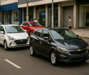 Carros populares em rua urbana brasileira: Chevrolet Onix, Hyundai HB20, VW Polo e Fiat Argo em movi