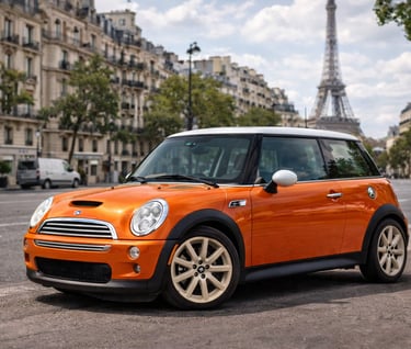 Mini Cooper laranja em Paris com Torre Eiffel ao fundo mostrando design moderno e urbano